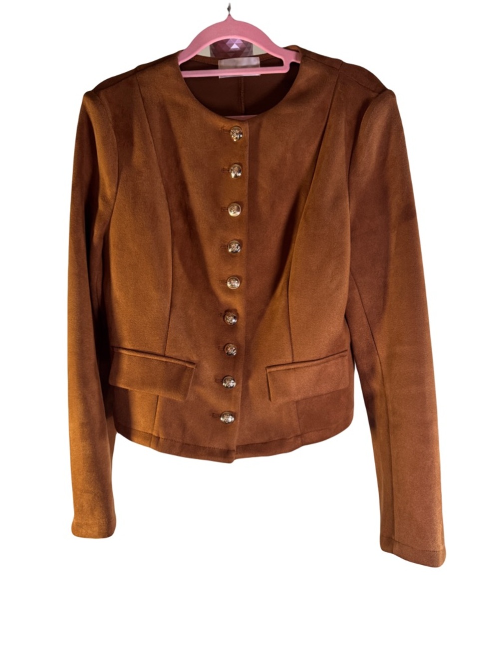 JAMES Cognac Faux Suede Button Down Jacket Size Medium Silver Crest Buttons
